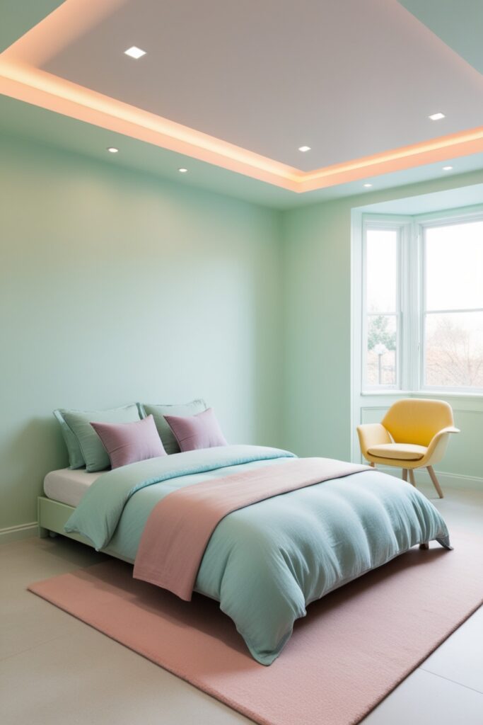 minimalist pastel bedroom with recessed ceiling lighting casting a warm glow