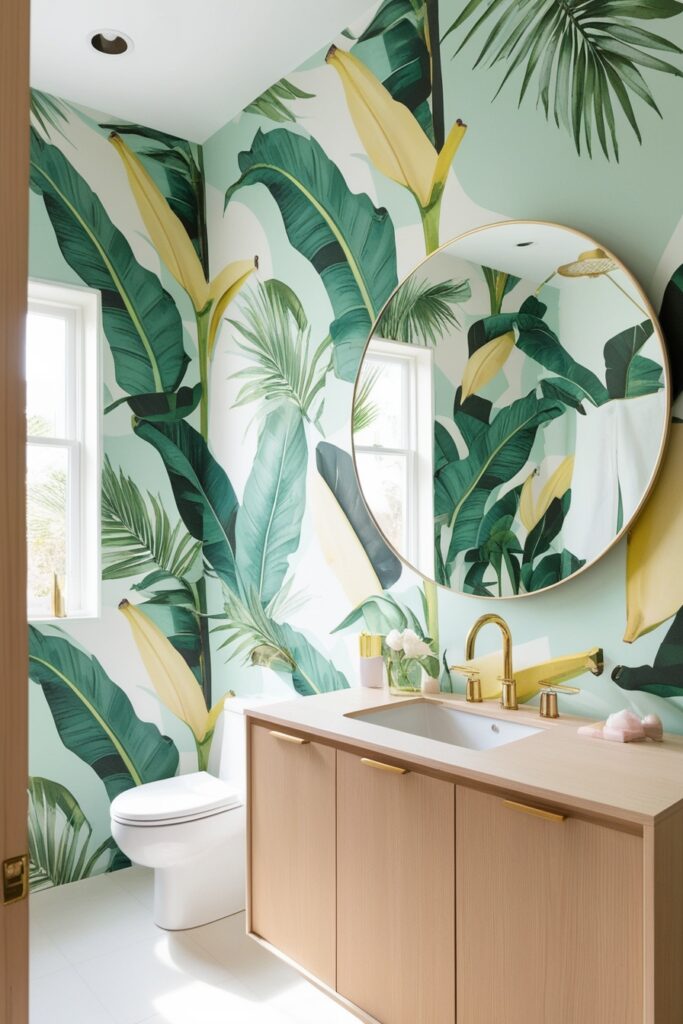 modern bathroom with oversized tropical botanical wallpaper in mint green and pastel yellow
