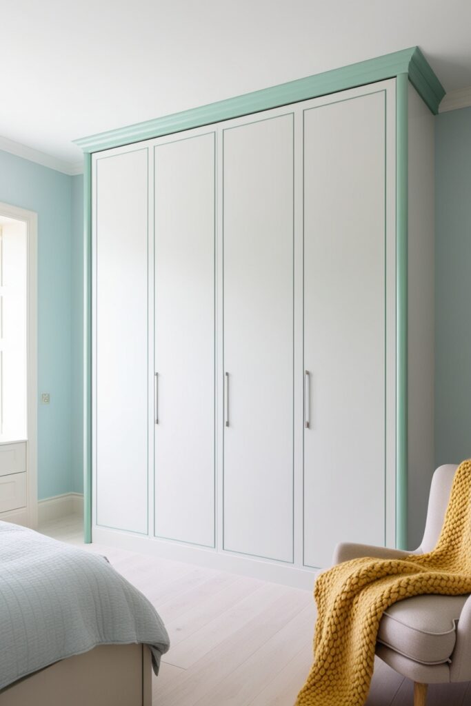 modern bedroom featuring a floor-to-ceiling built-in wardrobe with smooth white matte doors accented by soft mint green trim