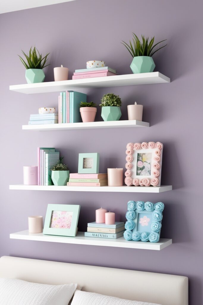 modern bedroom wall with white floating shelves decorated with pastel books