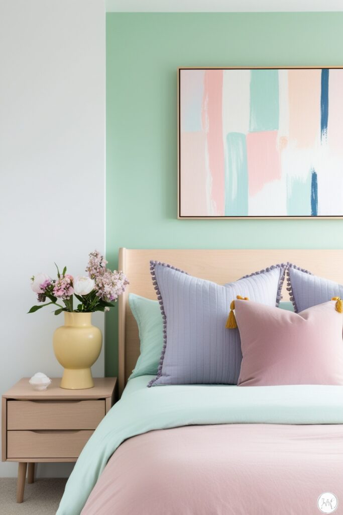 modern bedroom with a pastel mint green accent wall, abstract pastel art
