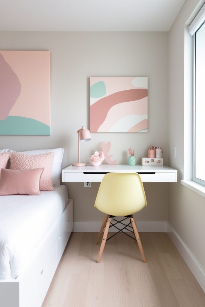 modern bedroom with a white wall-mounted floating desk, pastel yellow chair, cute desk accessories