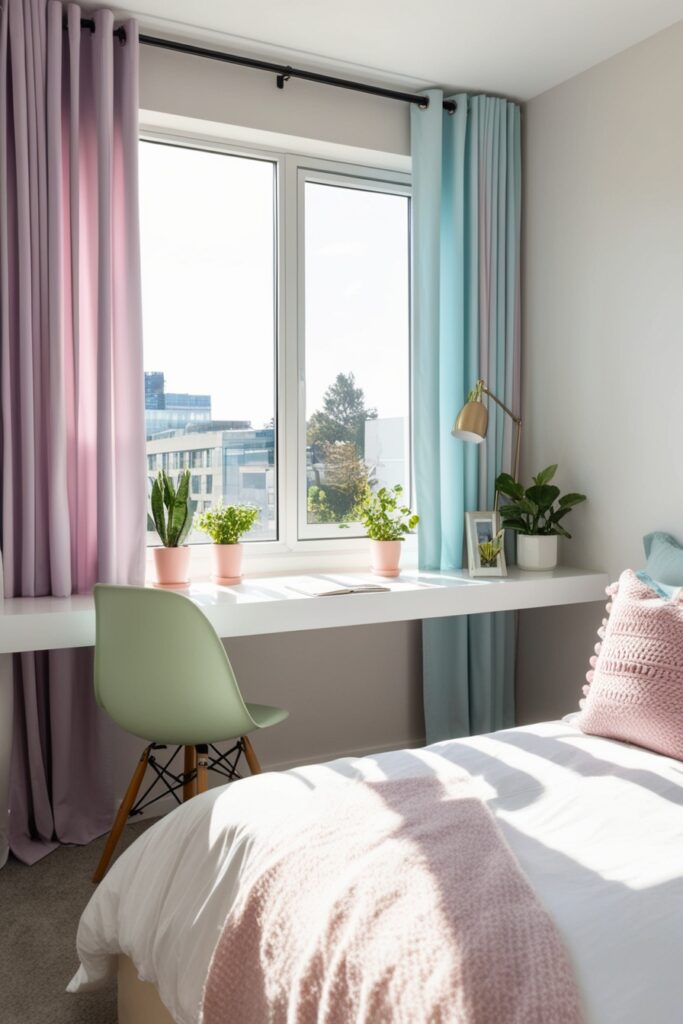 modern bedroom with a window nook office, white floating desk under a large window