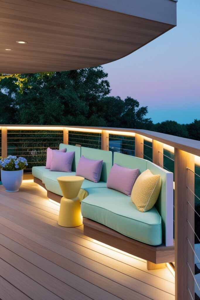 modern deck with sleek wood railings that have integrated warm LED lighting