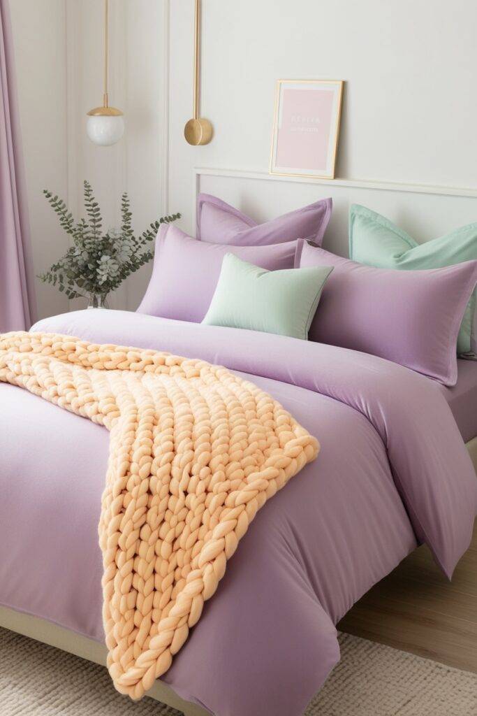 modern feminine bedroom with cozy winter bedding, flannel sheets