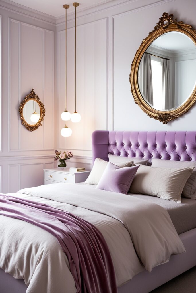 modern girly bedroom with a large, tufted velvet headboard in pastel lavender, soft neutral bedding