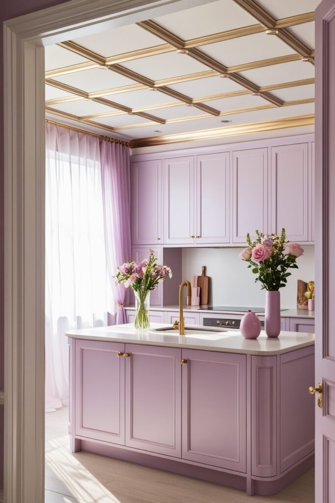 modern kitchen with a pastel lavender and cream color palette, featuring an elegant coffered ceiling