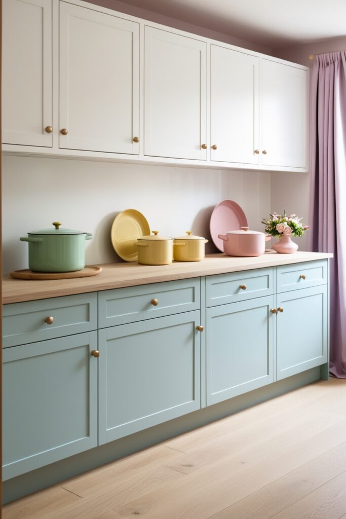 modern kitchen with pastel blue lower cabinets and crisp white upper cabinets