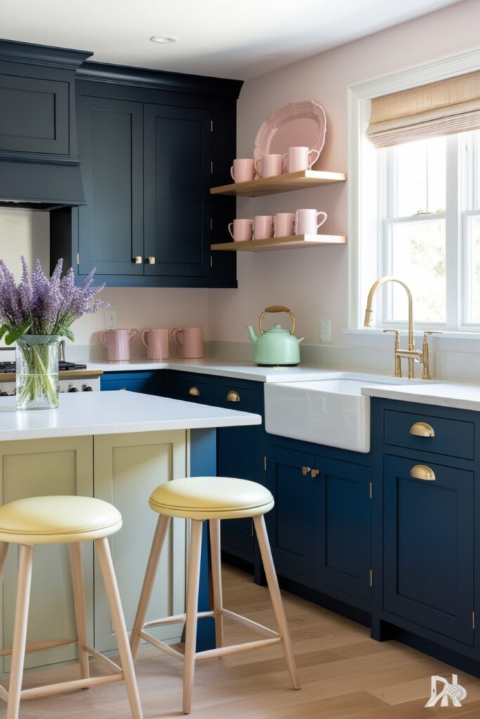 modern kitchen with rich navy-blue shaker cabinets paired with brushed brass handles