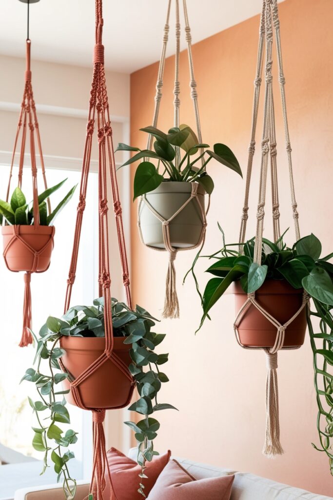 modern living room with hanging planters suspended from the ceiling in woven macrame holders