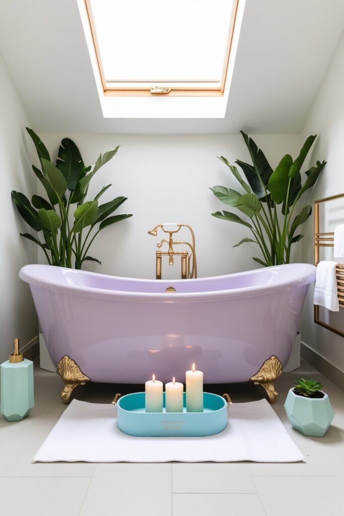 modern master bathroom with a pastel freestanding tub in soft lavender, surrounded by mint green plants