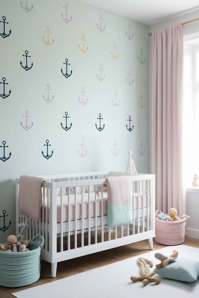 modern nautical nursery with pastel anchor wall decals