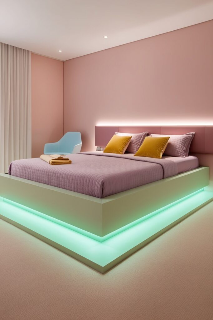 modern pastel bedroom with a low platform bed framed by soft mint green LED strip lighting underneath