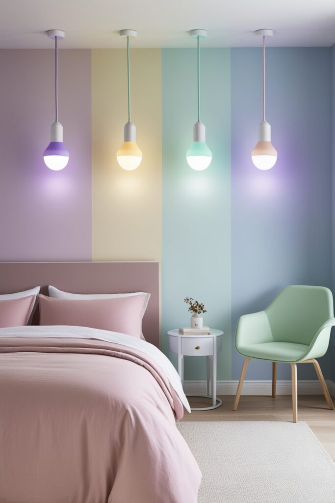 modern pastel bedroom with smart bulbs glowing in soft gradient colors