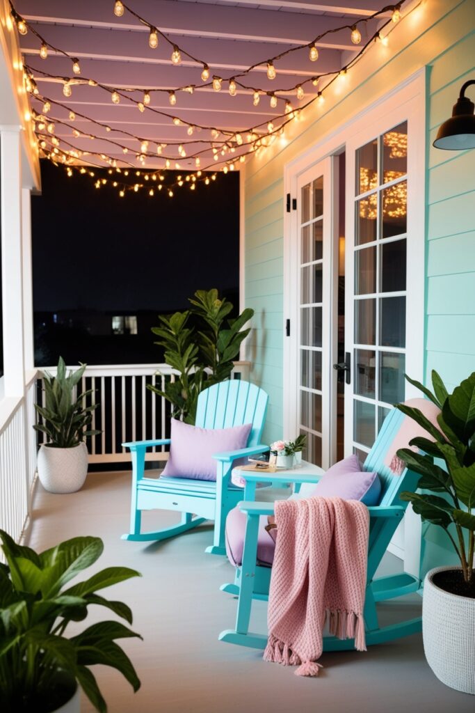modern pastel porch draped with warm string lights across ceiling beams
