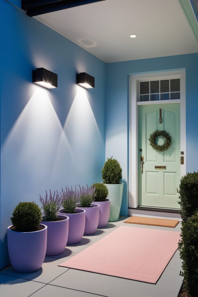modern pastel porch with sleek wall-mounted updown lights creating artistic shadows
