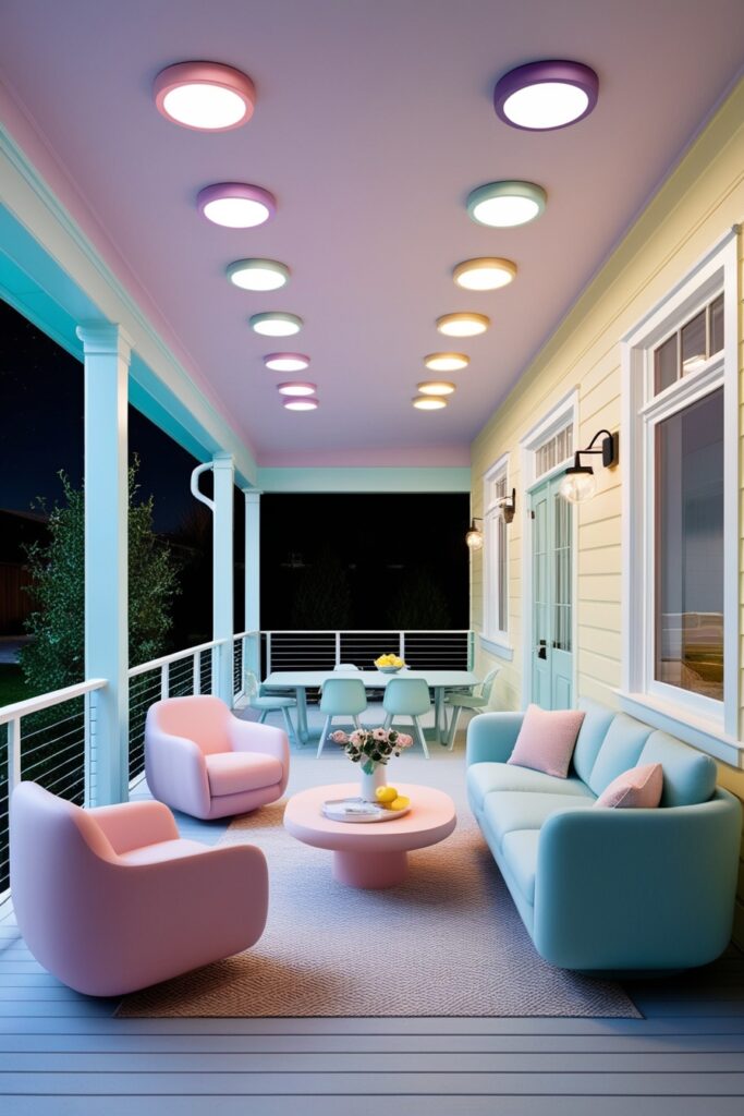 modern porch with smart lights glowing in multiple pastel colors