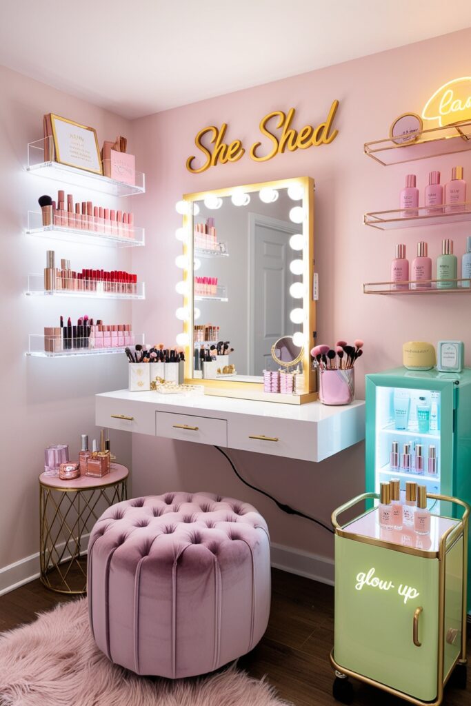 modern she shed interior transformed into a pastel beauty bar. A floating vanity with a lighted mirror