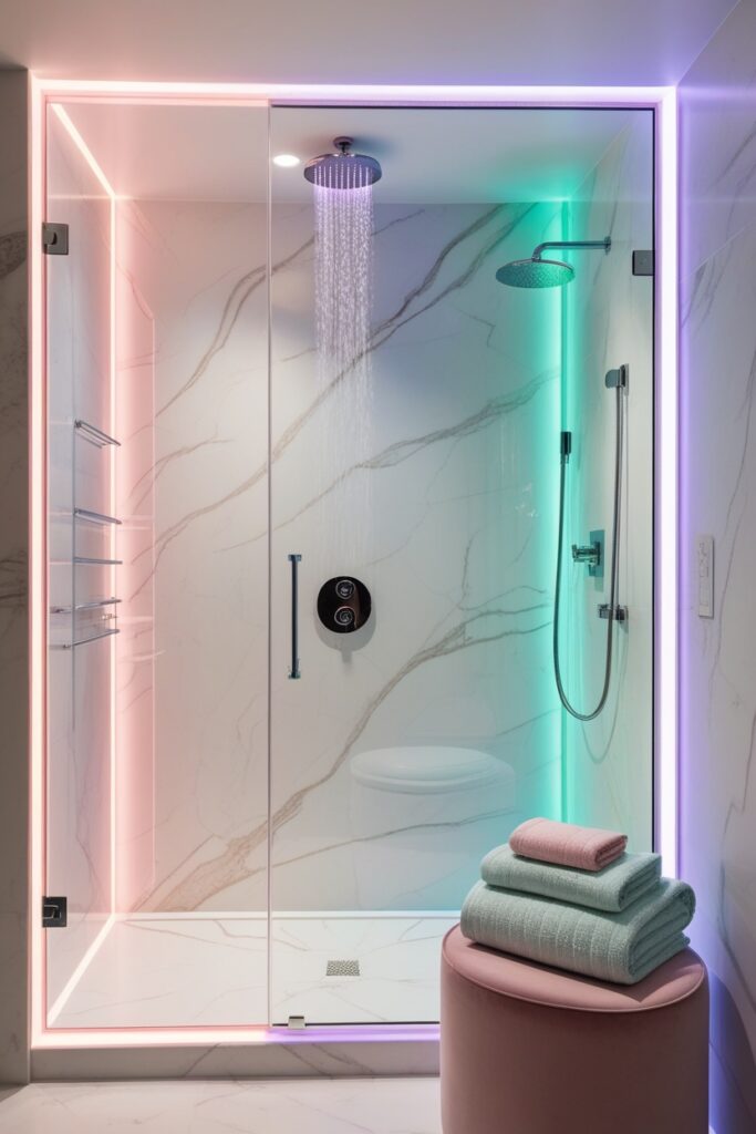 modern walk-in shower glowing with soft LED lighting