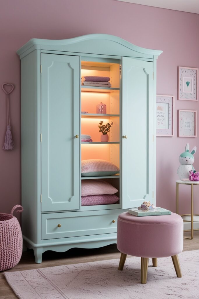 modern wardrobe with built-in LED strip lighting illuminating