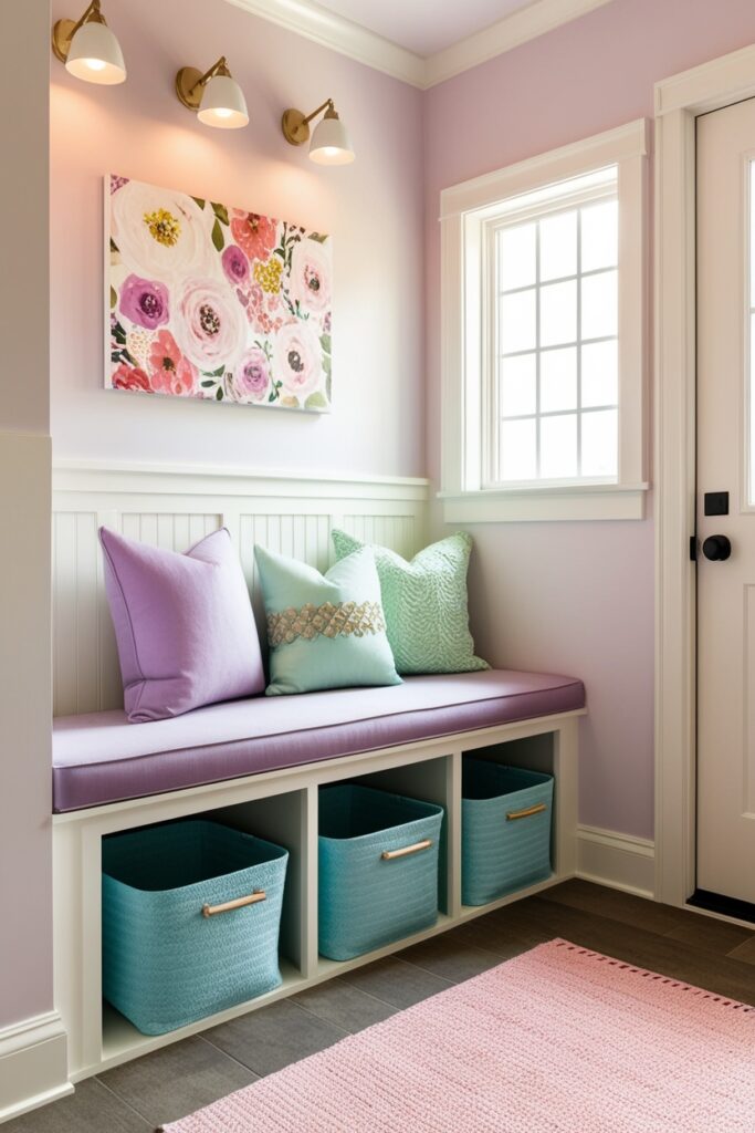 mud room with a pastel bench seat, lavender and mint green cushions, baby blue storage baskets