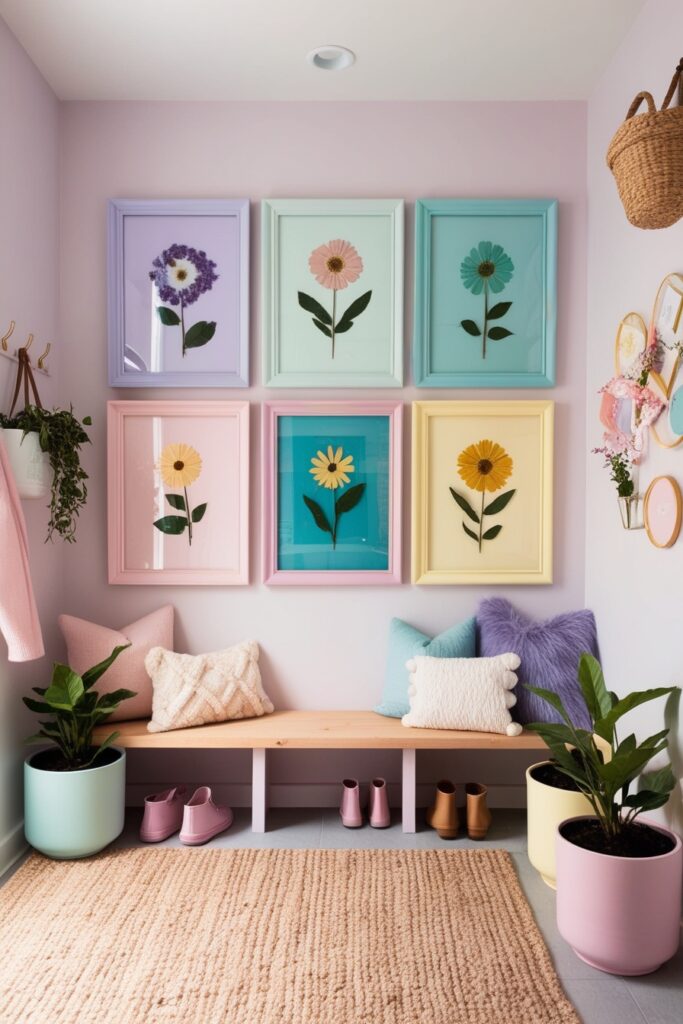 mud room with family photos in pastel frames