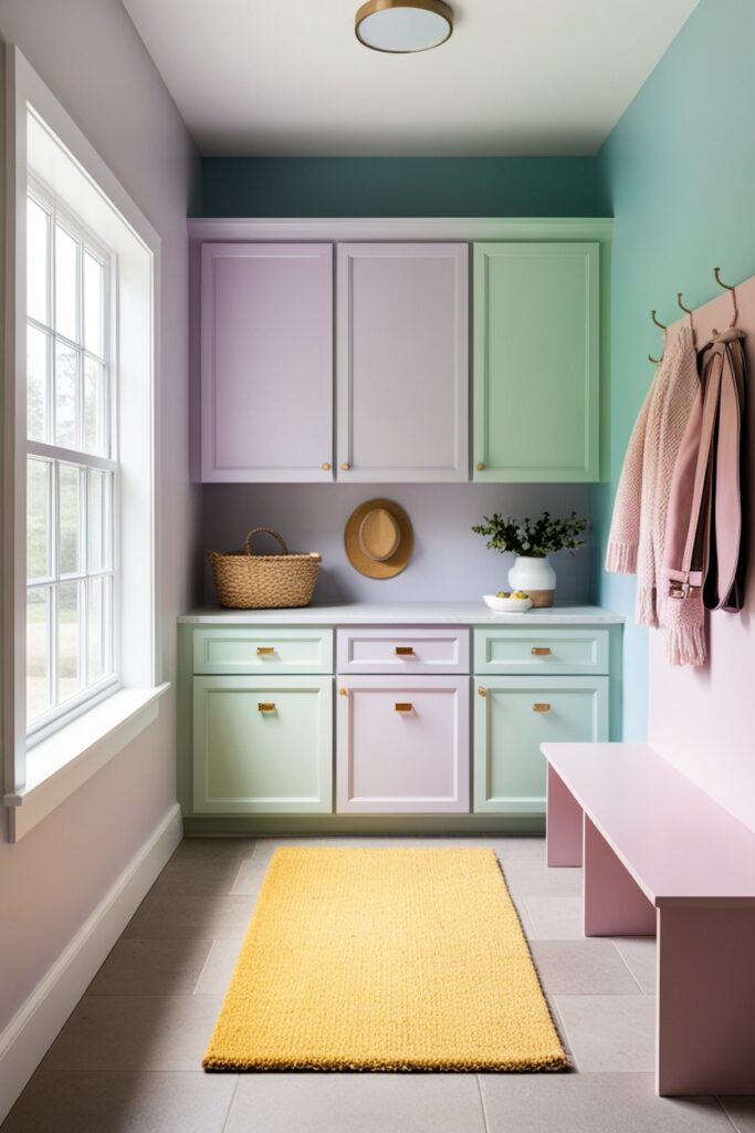 mud room with pastel-colored cabinets in soft lavender and mint green, brass handles
