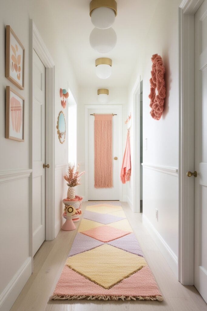 narrow entry hallway with a boho-style pastel runner rug