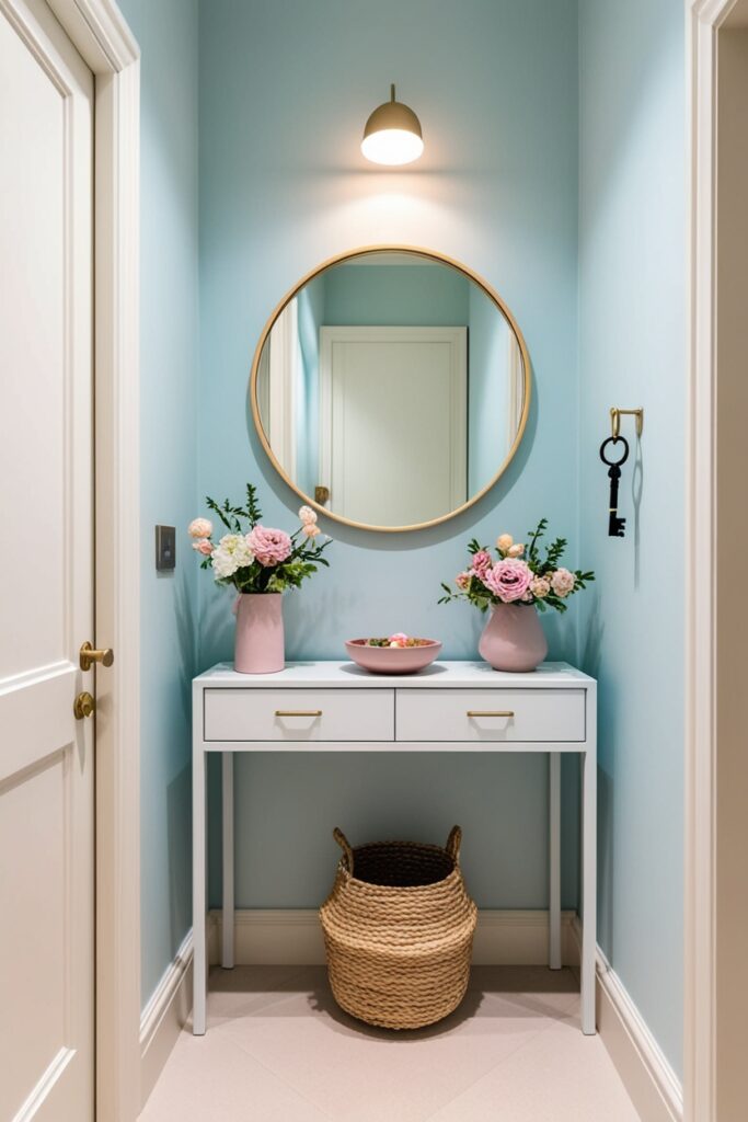 narrow entryway with a slim white console table decorated with pastel-toned decor items, a round mirror