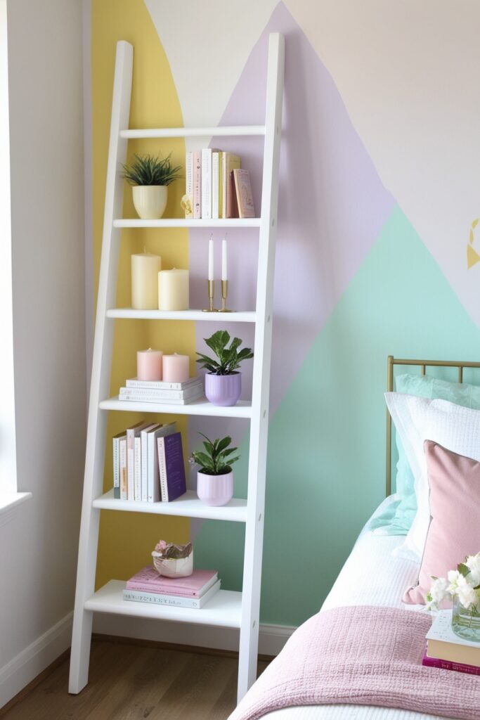 narrow white ladder shelf painted with pastel accents