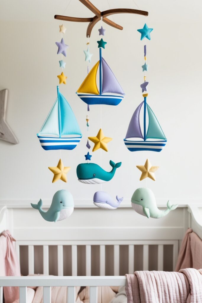 nautical mobile hanging above a crib, featuring sailboats, stars, and whales