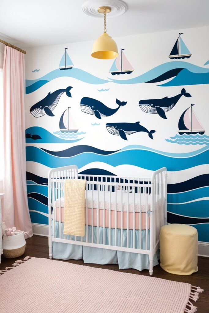 nautical nursery with an ocean wall mural