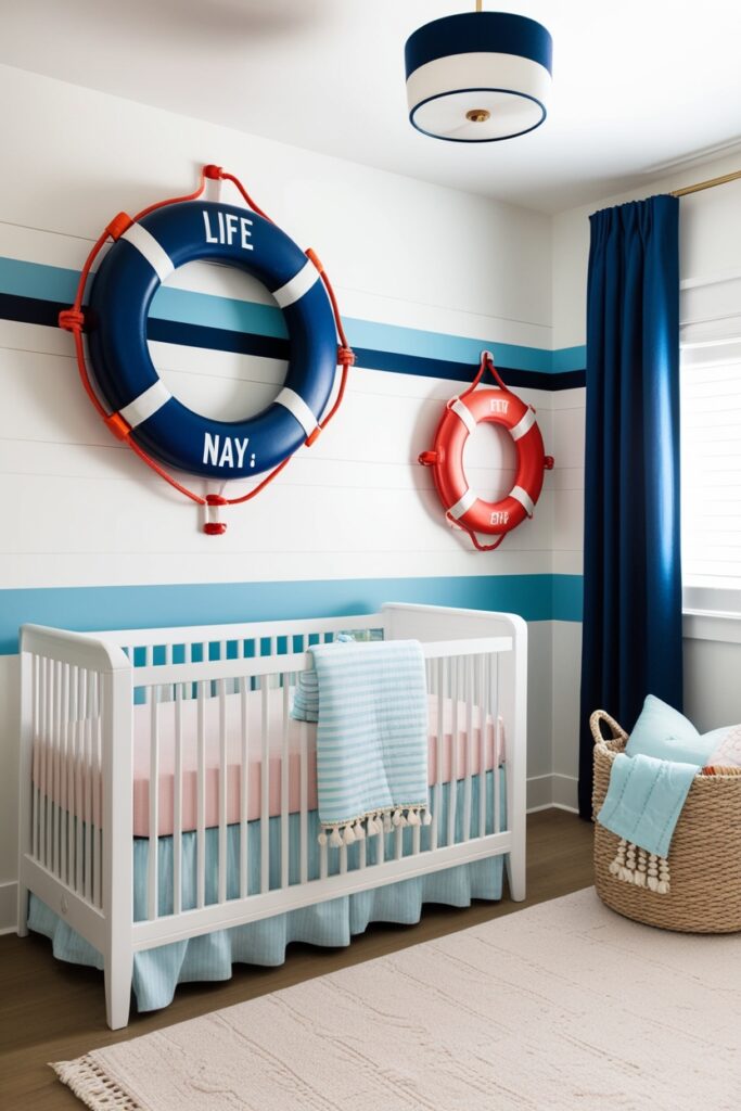 nautical nursery with pastel life preserver wall decor