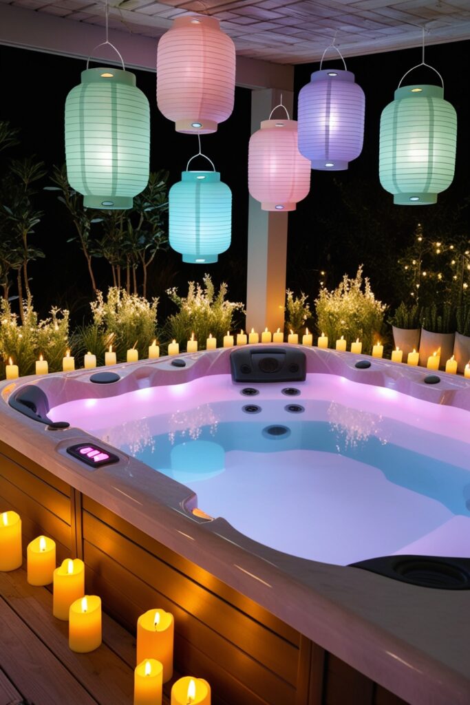 nighttime hot tub scene with floating pastel lanterns glowing