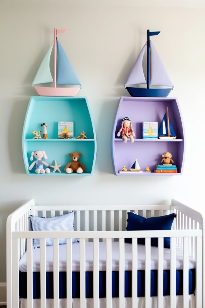 nursery with pastel sailboat-shaped shelves
