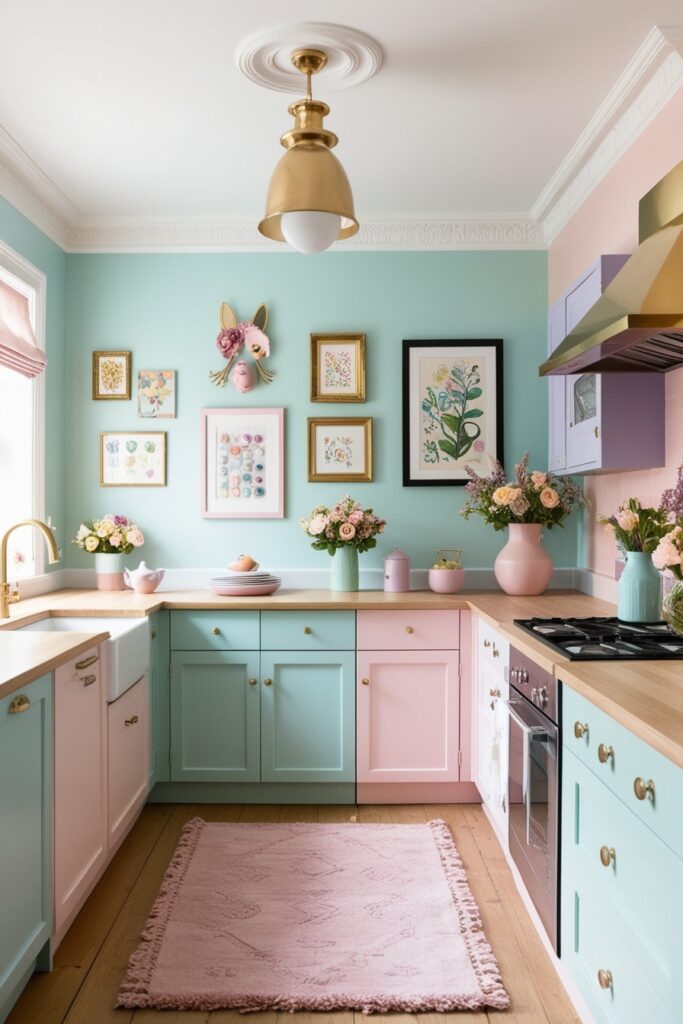 open kitchen with a mix of baby blue, blush pink, mint green, and lavender accents, quirky framed art on the walls