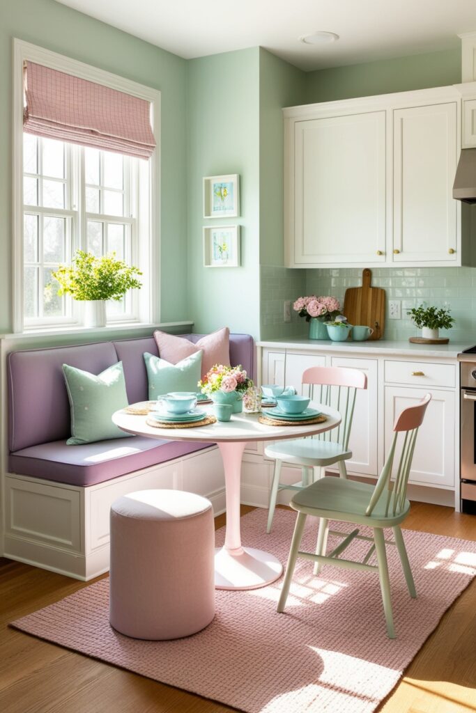 open kitchen with a pastel lavender corner banquette, mint green cushions, baby blue tableware, blush pink throw pillows