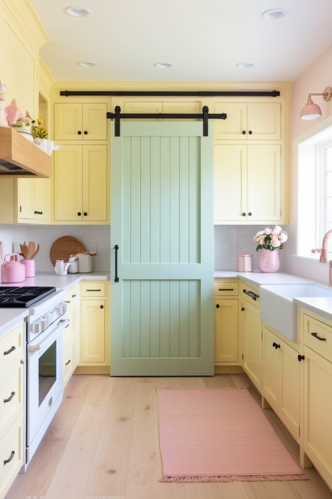 open kitchen with a walk-in pantry behind a mint green sliding barn door