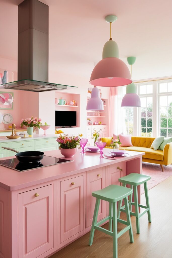 open kitchen with cooktop on a pastel pink island facing the living room, mint green bar stools