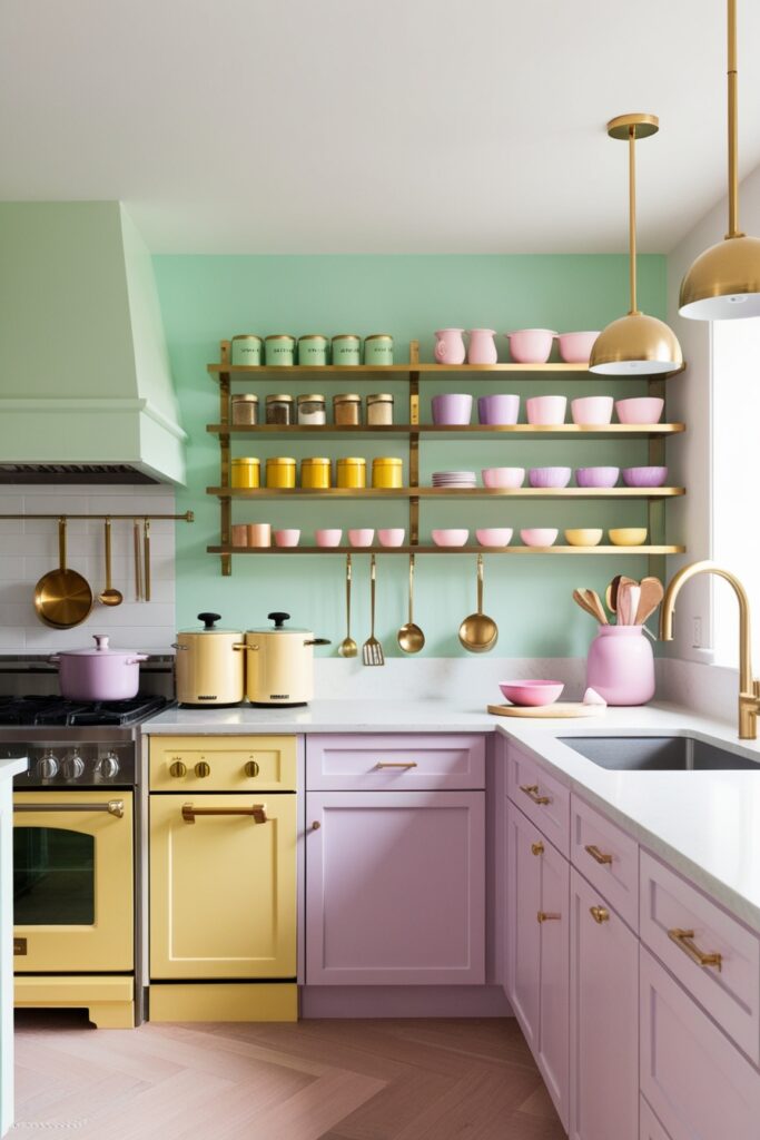 open kitchen with dedicated pastel cooking zone, mint green wall-mounted spice racks, butter yellow appliances