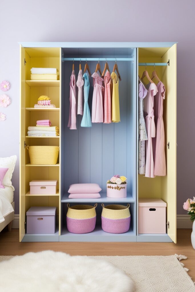 open wardrobe with butter yellow shelves and baby blue hanging rods, set against a soft lavender wall