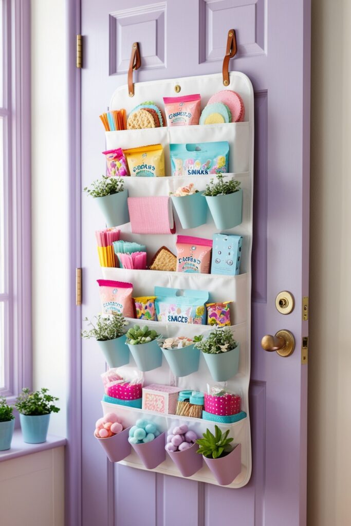 over-the-door shoe organizer filled with pastel snacks, craft supplies, and tiny plants