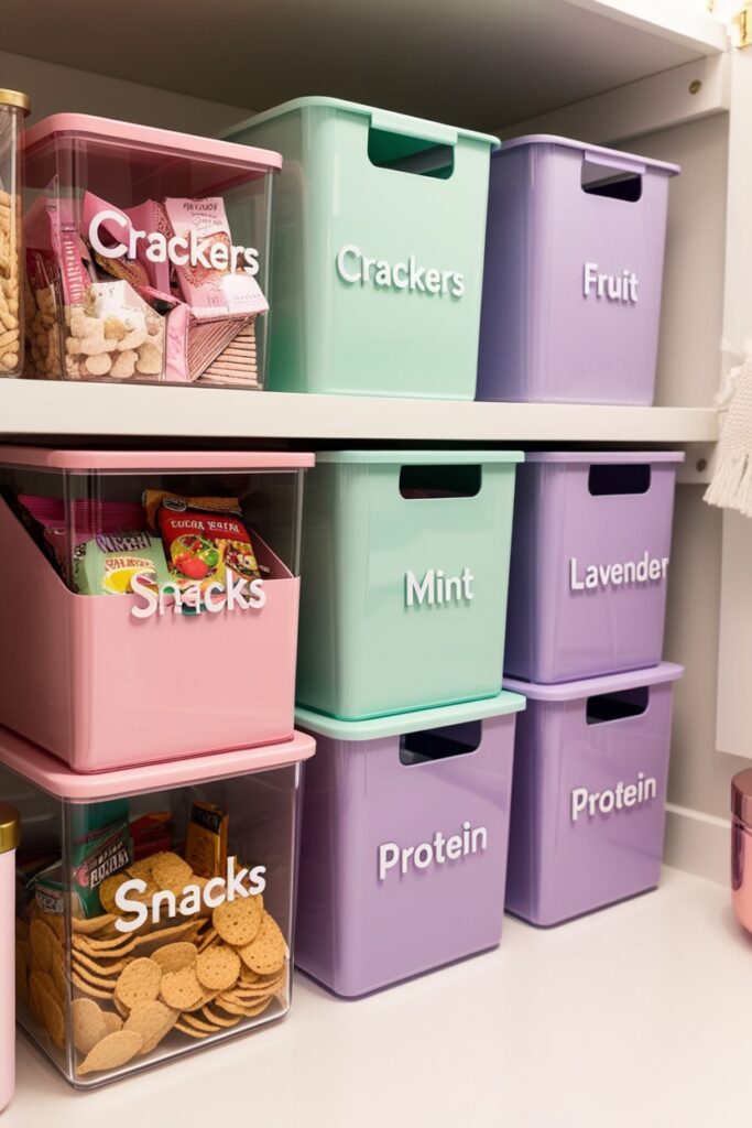 pantry with clear bins labeled “Snacks” in fun fonts. Snacks organized into categories with pastel dividers