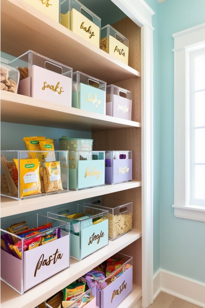 pantry with open shelving neatly lined with clear acrylic storage bins labeled in gold script