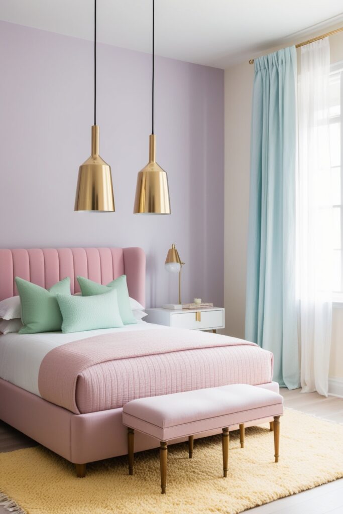 pastel bedroom with two gold pendant lights hanging over each white nightstand (2)