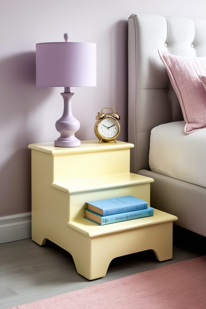 pastel butter-yellow wooden step stool used as a nightstand next to a cozy bed