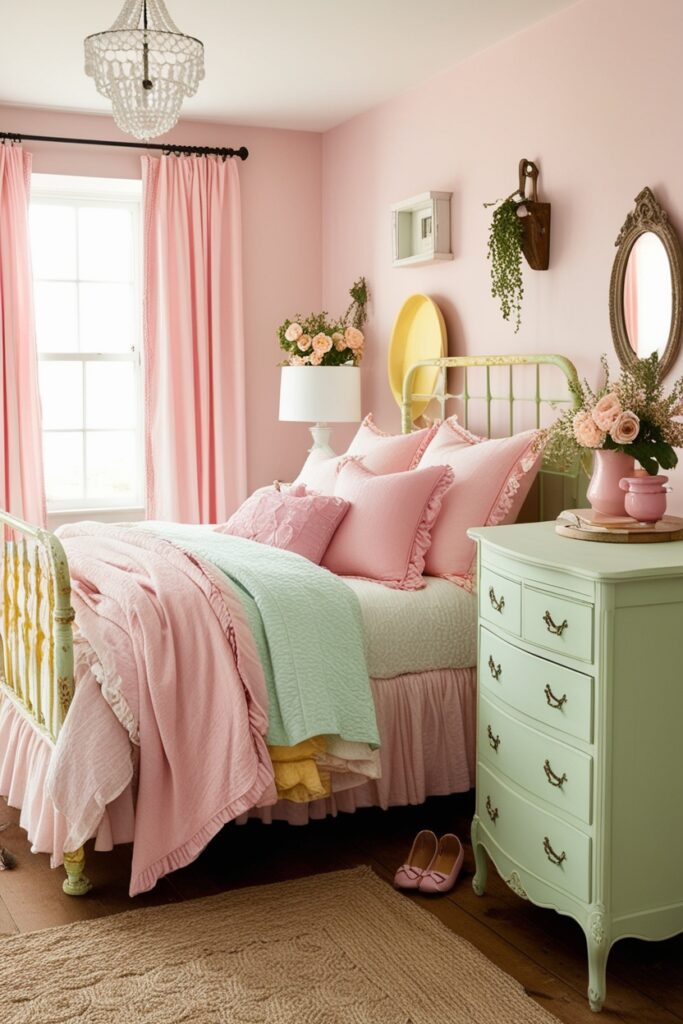 pastel farmhouse bedroom with mismatched vintage furniture