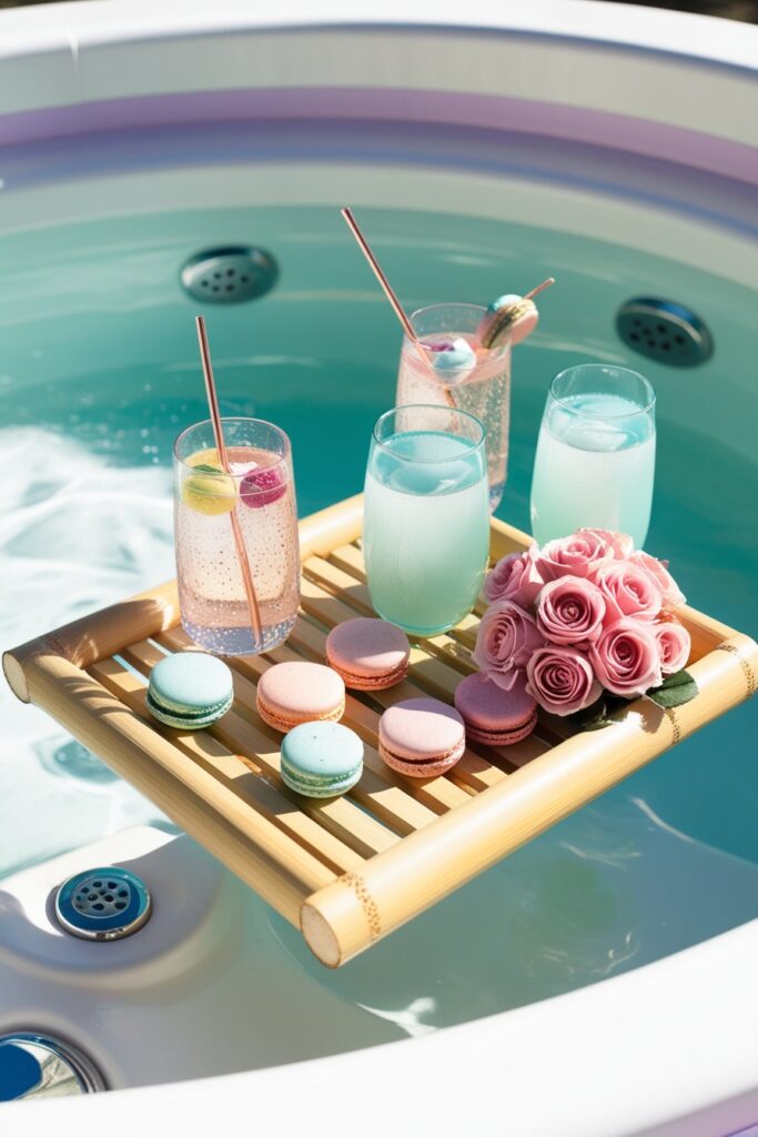 pastel-filled hot tub scene with a bamboo floating tray holding colorful macarons, sparkling drinks