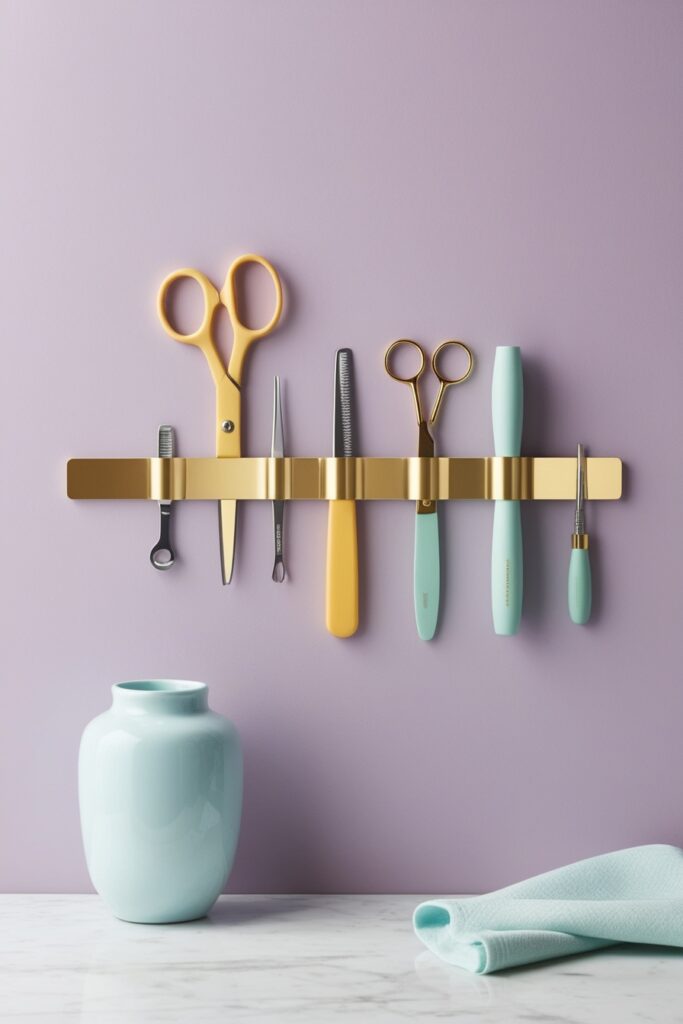 pastel lavender wall with a sleek gold magnetic strip