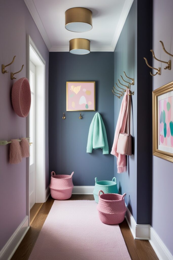 pastel-meets-moody hallway featuring deep lavender or slate blue wall